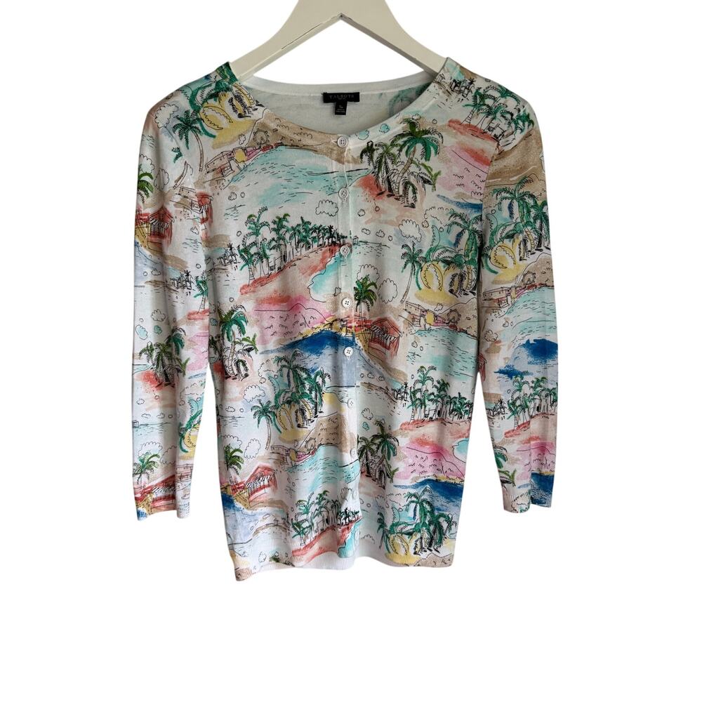 Talbots Petite Tropical Scenic Print Cardigan Sweater SP Coastal Resort
